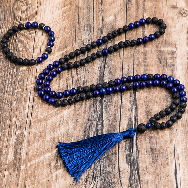Collar de cuentas de lapislázuli de piedra volcánica negra de 8 mm para meditación