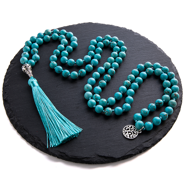 Collar mala anudado con cuentas de turquesa azul natural de 8 mm