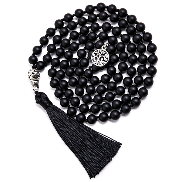 8mm Matte Black Agate Beads Knotted 108 Mala Necklace