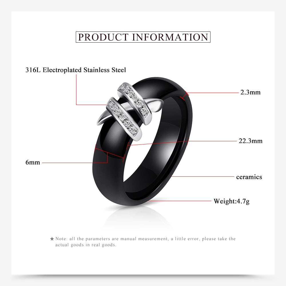 6mm High Quality Black And White Simple Style Two Line Crystal Ziron Ceramic Rings