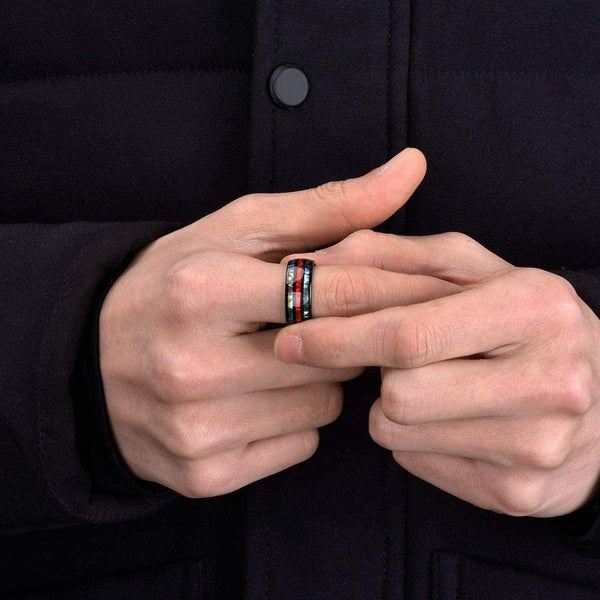 8mm Stainless Steel Fill Red Fire Imitation Opal Rainbow Abalone Shell Inlay Ring
