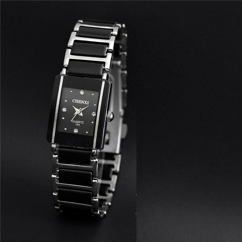 Analog Quartz Ceramic Steel Square Clock Couple Lovers Watch