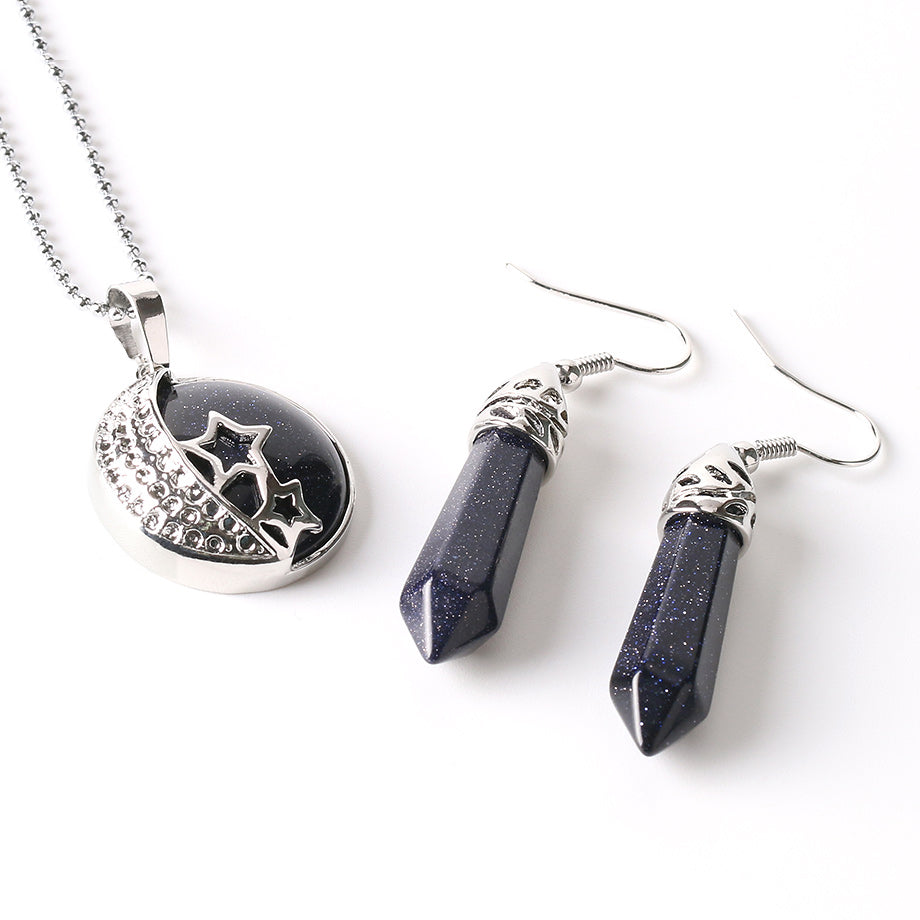 Natural Purple Stone Pendants Necklace Hook Dangle Drop Earring Jewelry Set