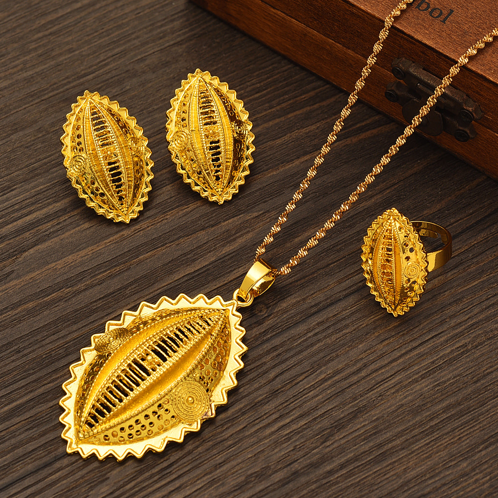 gold Ethiopian Traditional Necklace Earrings Eritrea Jewelry set