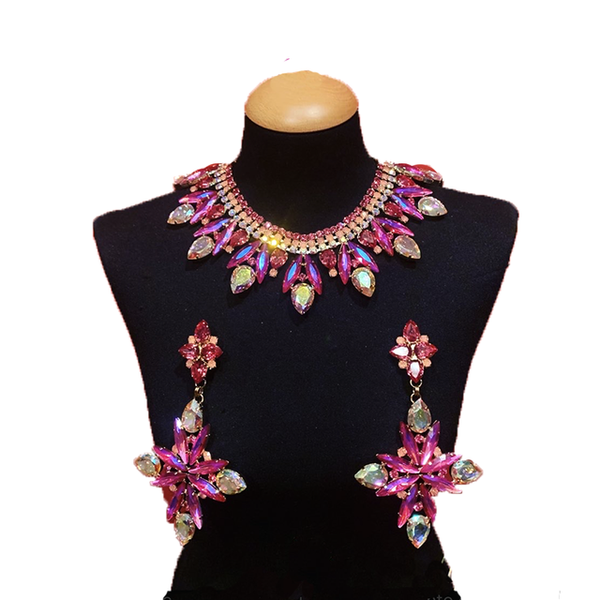 Exquisite Fuchsia color Rhinestones Necklace Earring Set