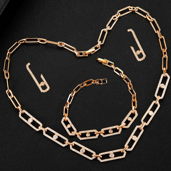 3pcs Set Geometry Charm Statement Necklace Bracelet Ring Cubic Zirconia Earring Jewelry Set