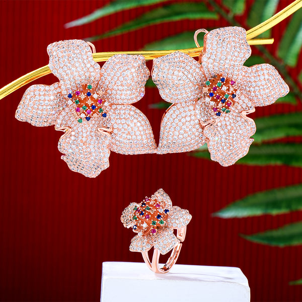 Luxury Floral Flower Blossom Cubic Zirconia Women Bridal Engagement Earring Ring Jewelry Sets