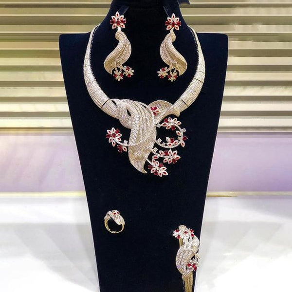 4PCS BIG Flower Leaf Cubic Zirconia Necklace Dubai Bridal Dress Jewelry Set