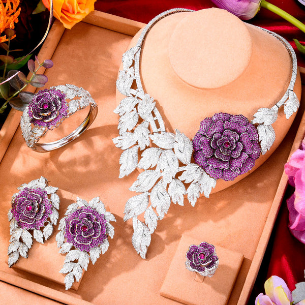 4PCS BIG Luxury Bicolor Peony Flowers Statement Jewelry Set For Women