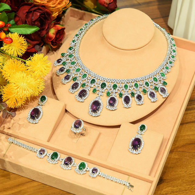 4PCS Luxury Green purple Mixed Big Statement Jewelry set For Women