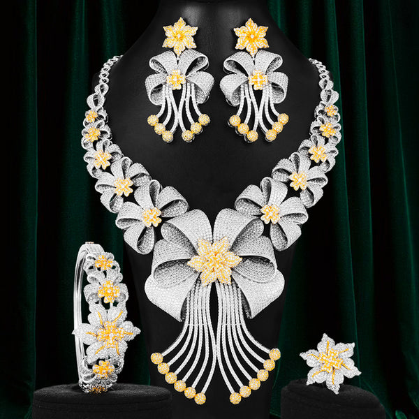 BIG Luxury 4PCS African  Cubic Zircon Crystal CZ Engagement Indian Gold Bridal Jewelry Sets