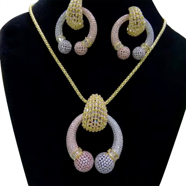 Big Fashion Luxury 3 Tone African Statement Jewelry Set For Women Wedding