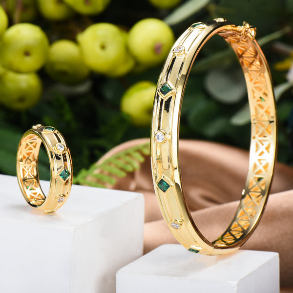 Big Fashion Luxury Bold Bangle RingParty Cubic Zircon Crystal CZ Dubai Gold Color Bracelet