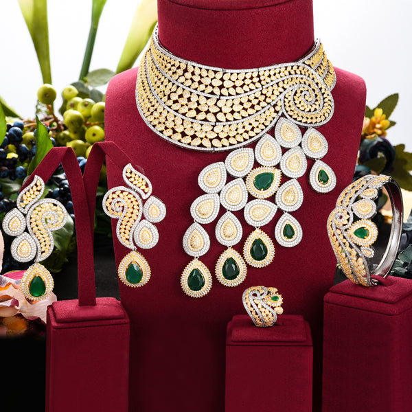 Big Luxury Peacock Tail Women Engagement Cubic Zirconia Necklace Earring Dubai Jewelry Set