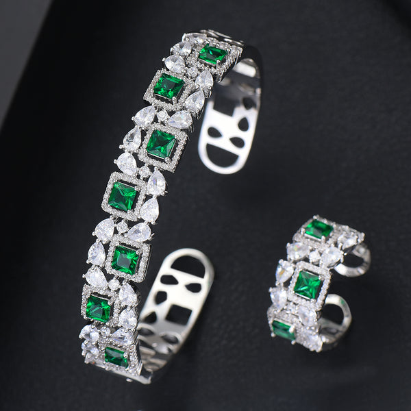 Deluxe Full Cubic Zircon Bangle Cuff Bracelet Ring Set