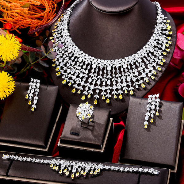 4PCS Green CZ Luxury African  Wedding Party Zircon Crystal Dubai Bridal Jewelry Set Gift