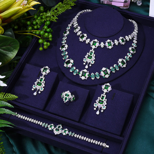 4PCS Green CZ Luxury African  Party Zircon Crystal Dubai Bridal Jewelry Set Gift