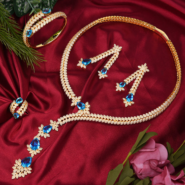 4PCS Green CZ Luxury African  Party Zircon Crystal Dubai Bridal Jewelry Set Gift