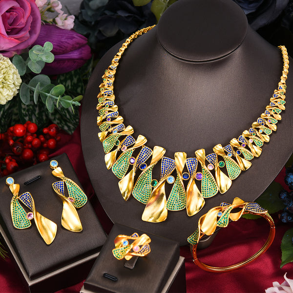 4PCS Green CZ Luxury African  Party Zircon Crystal Dubai Bridal Jewelry Set Gift