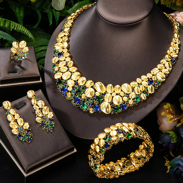 4PCS Green CZ Luxury African Jewelry Set For Women Wedding