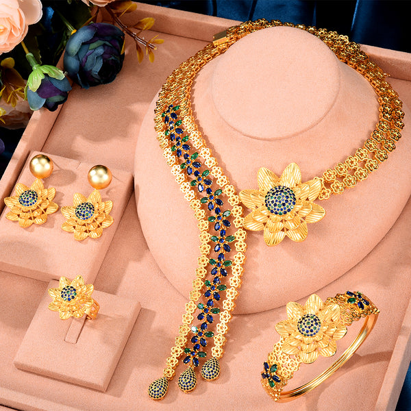 4PCS Green CZ Luxury African  Party Zircon Crystal Dubai Bridal Jewelry Set Gift