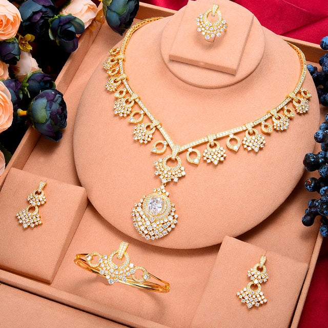 4PCS Luxury African  Wedding Party Multicolor Zircon Crystal Dubai Bridal Jewelry Set