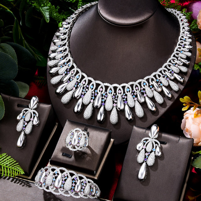 Bling Sequins Luxury Africa Dubai  Party Zircon Wedding Bridal Jewelry Set Gift