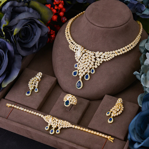 Feather Luxury African  Party Zircon Crystal Dubai Bridal Jewelry Set Gift