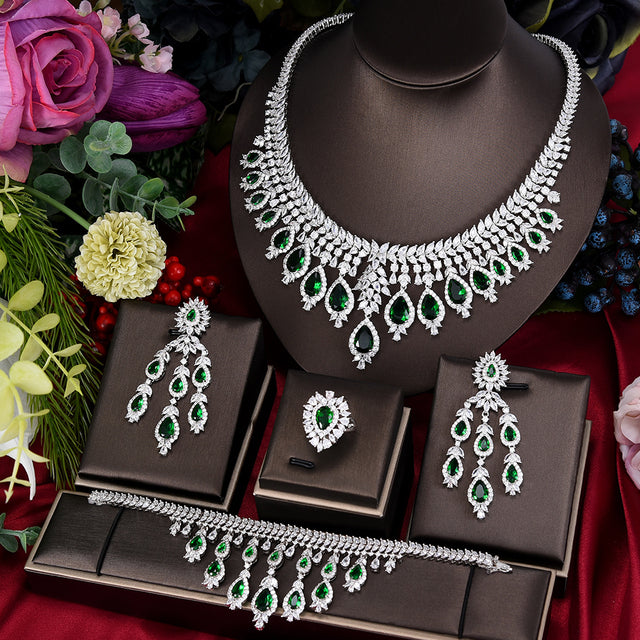 Green CZ Luxury African  Wedding Party Zircon Crystal Dubai Bridal Jewelry Set Gift