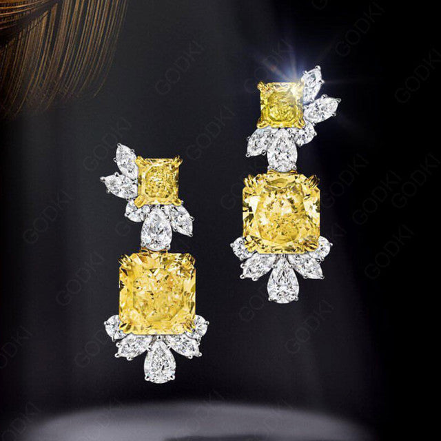 2PC Jewelry Set For Women Wedding EARRING Ring Set Yellow Cubic Zircon Crystal