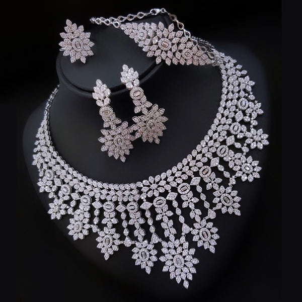 Famous Luxury 4PCS Arabia  Party Cubic Zircon Dubai Bridal Necklace Earring Bangle Ring Set