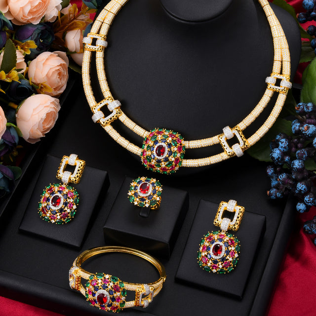 4PCS Nigerian  Cubic Zircon Dubai Bridal Necklace Earring Bangle Ring Set