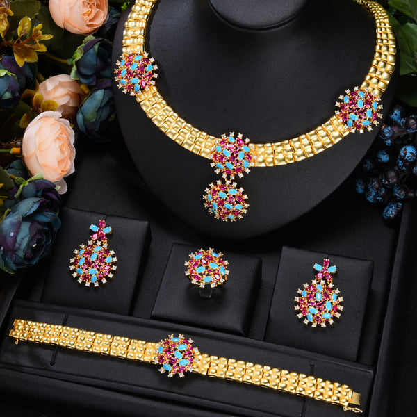 4PCS Nigerian  Dubai Bridal Necklace Earring Bangle Ring Set