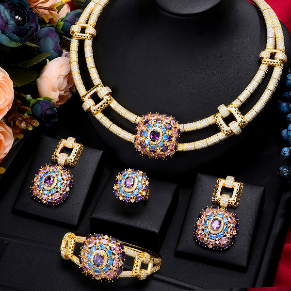 4PCS Nigerian  Cubic Zircon Dubai Bridal Necklace Earring Bangle Ring Set