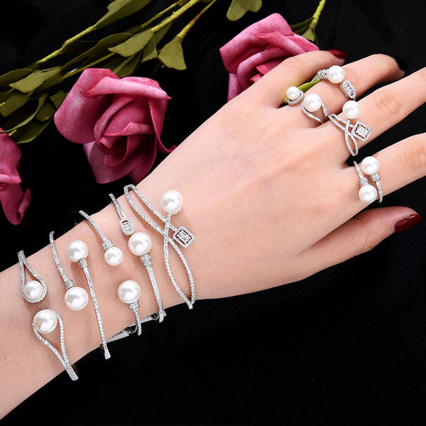 Imitation Pearl Charms 2PCS Statement Bracelet Ring Set For Women