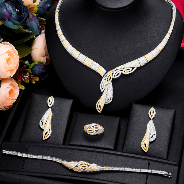 4Pcs  Luxury Nigerian  Zircon Dubai Bridal Necklace Earring Bangle Ring Set