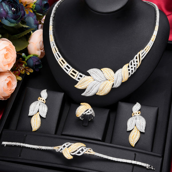 4Pcs  Luxury Nigerian Zircon Dubai Bridal Necklace Earring Bangle Ring Set