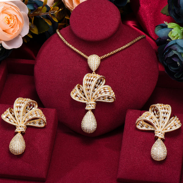 Luxury 2PCS 3 Tone Bowknots Statement Jewelry Set For Women