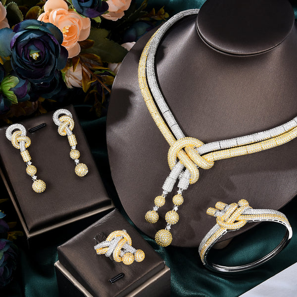 Luxury 4PCS African Knots Necklace Earring Sets Cubic Zirconia jewelry Sets for women