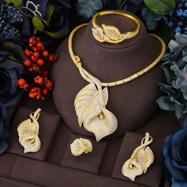Luxury 4PCS Flowers Necklace Earring Sets Cubic Zirconia jewelry Sets for women