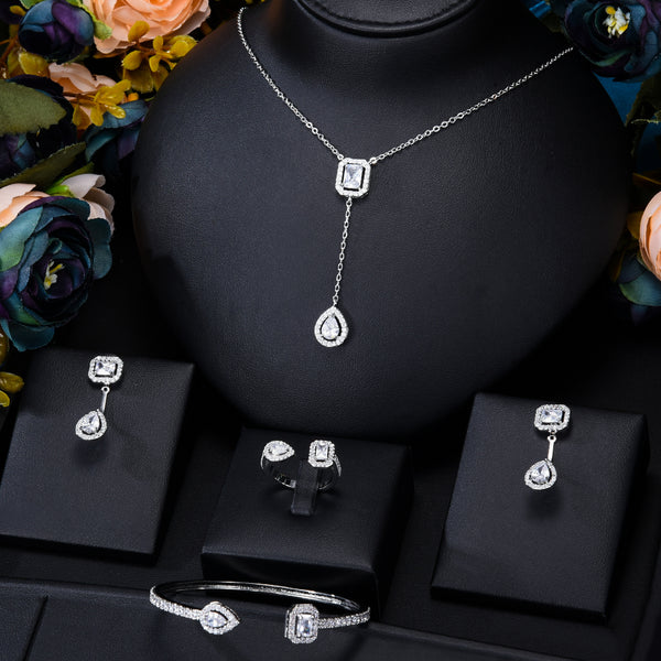 Luxury 4pc Geometric Wedding Cubic Zirconia CZ Dubai Bridal Jewelry Set