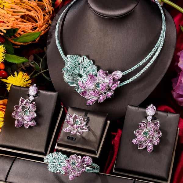 Luxury African Lotus Flower  Cubic Zirconia Dubai Bridal Jewelry Set