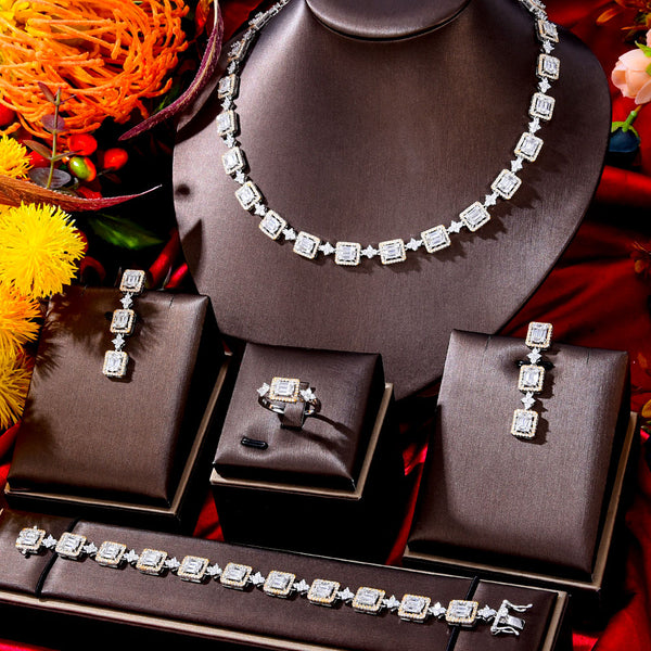 Luxury Baguette CUT CZ Tennis Necklace 4PCS Bridal Jewelry Set For Women