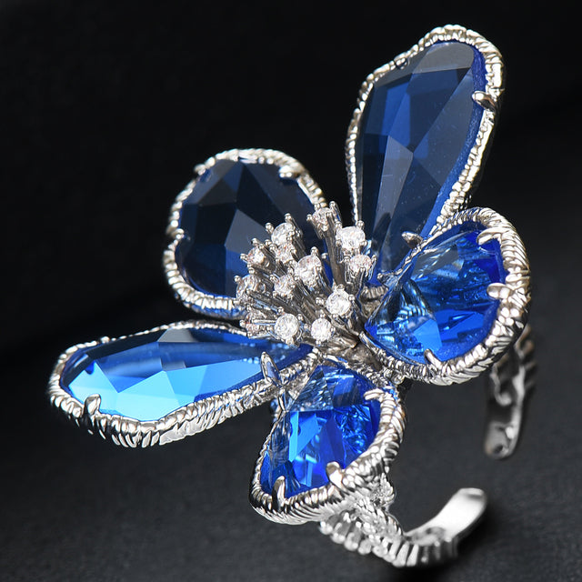 Luxury Flower Blue Crystal Jewelry Set For Women Wedding Necklace Earring Set
