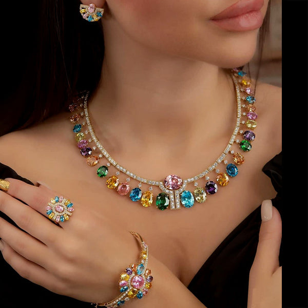 Luxury Flower Bud Mixed  Wedding Cubic Zirconia Necklace Earring Saudi Arabia Jewelry Set
