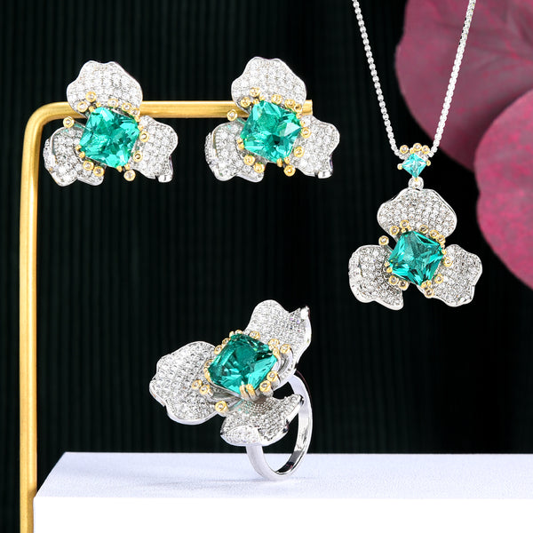 Luxury Flower Cluster Cubic Zircon Nigerian Necklace Earring Jewelry Set For Women