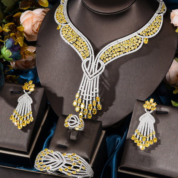 Luxury Heart Love 4PCS Nigerian Wedding Zircon Crystal CZ Bridal Lariat Necklace Ring Set