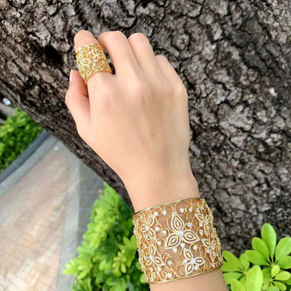 Fashion Luxury Super Copper Women Party Engagement Width Bangle And Ring Set