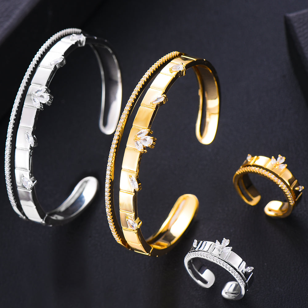 Luxury Icedout Cuban Link Bangle Ring Set Dubai Bridal Jewelry Set For Women