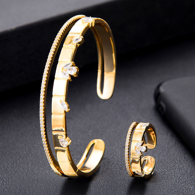 Luxury Icedout Cuban Link Bangle Ring Set Dubai Bridal Jewelry Set For Women